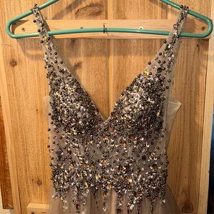 Gianni Bini champagne prom dress with charcoal jewels tulle skirt with a slit